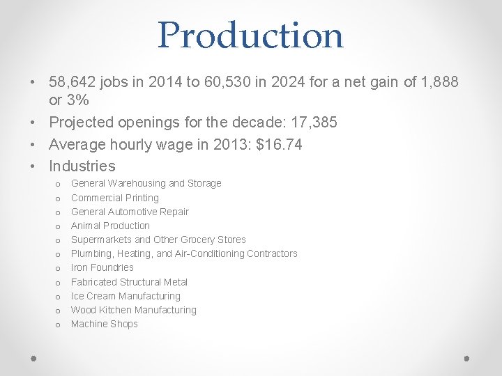Production • 58, 642 jobs in 2014 to 60, 530 in 2024 for a