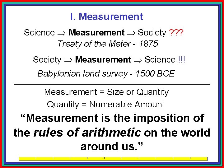 I. Measurement Science Measurement Society ? ? ? Treaty of the Meter - 1875