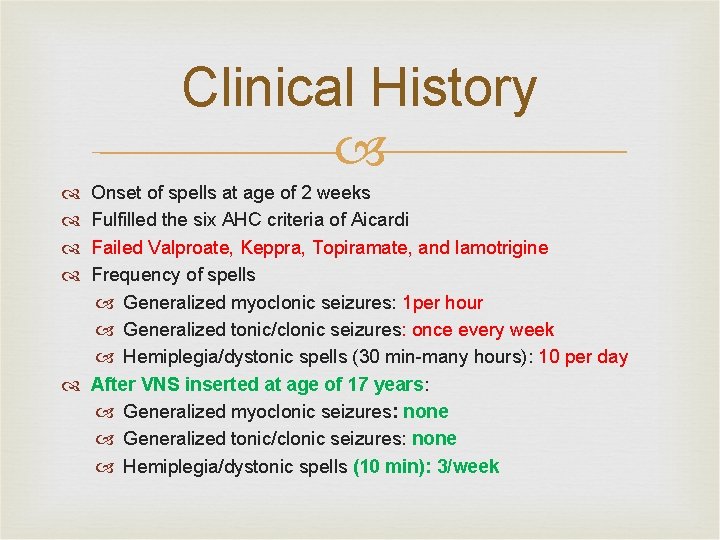Clinical History Onset of spells at age of 2 weeks Fulfilled the six AHC