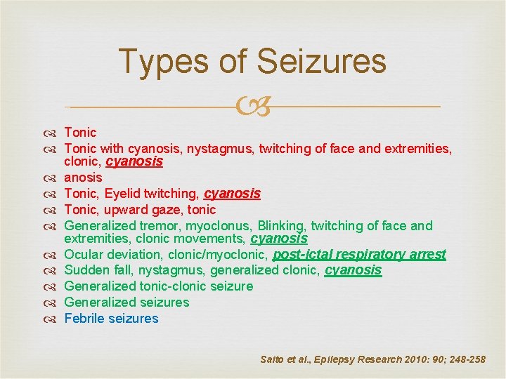 Types of Seizures Tonic with cyanosis, nystagmus, twitching of face and extremities, clonic, cyanosis