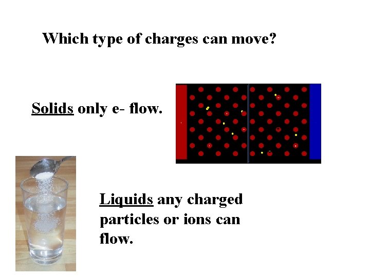 Which type of charges can move? Solids only e- flow. Liquids any charged particles