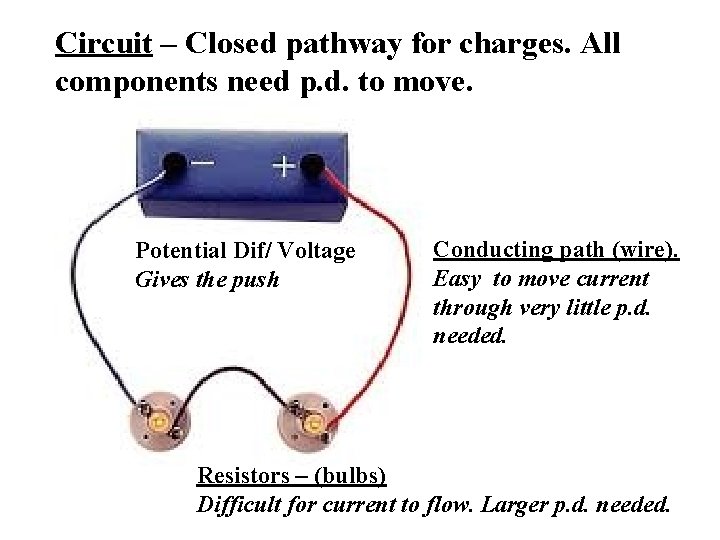 Circuit – Closed pathway for charges. All components need p. d. to move. Potential