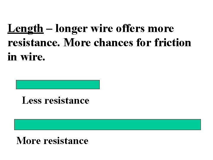 Length – longer wire offers more resistance. More chances for friction in wire. Less