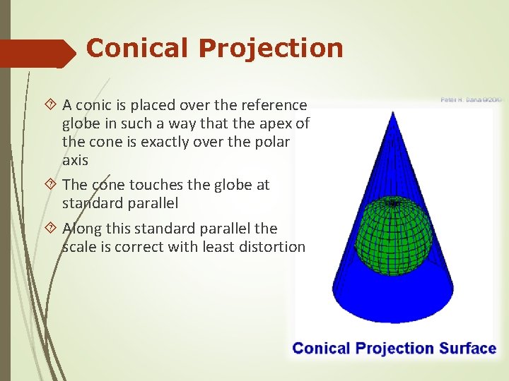 Conical Projection A conic is placed over the reference globe in such a way