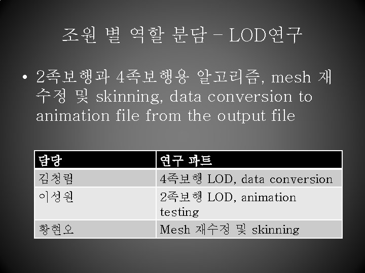 조원 별 역할 분담 – LOD연구 • 2족보행과 4족보행용 알고리즘, mesh 재 수정 및
