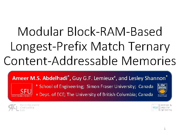 Modular Block-RAM-Based Longest-Prefix Match Ternary Content-Addressable Memories Ameer M. S. Abdelhadi*, Guy G. F.