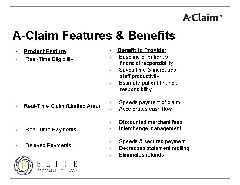 A-Claim Features & Benefits • • Product Feature Real-Time Eligibility • • • Real-Time