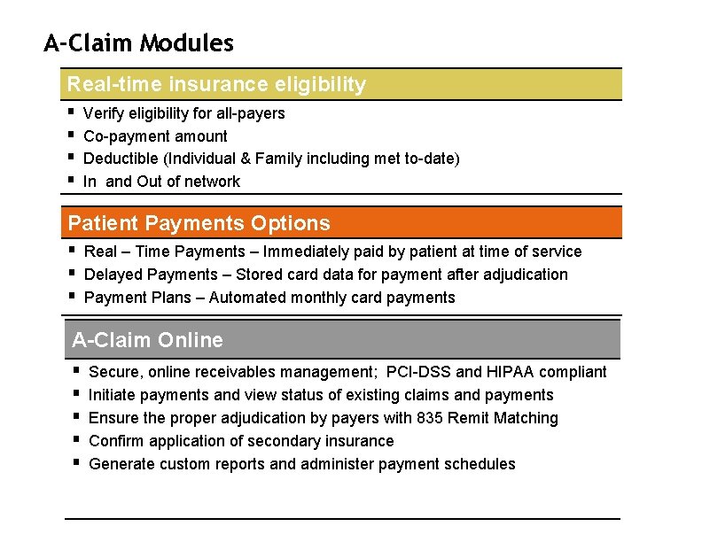 A-Claim Modules Real-time insurance eligibility § § Verify eligibility for all-payers Co-payment amount Deductible