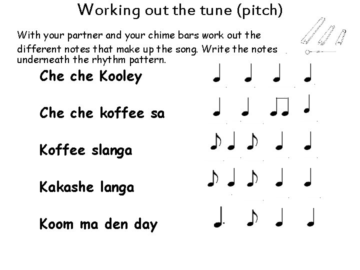Working out the tune (pitch) With your partner and your chime bars work out