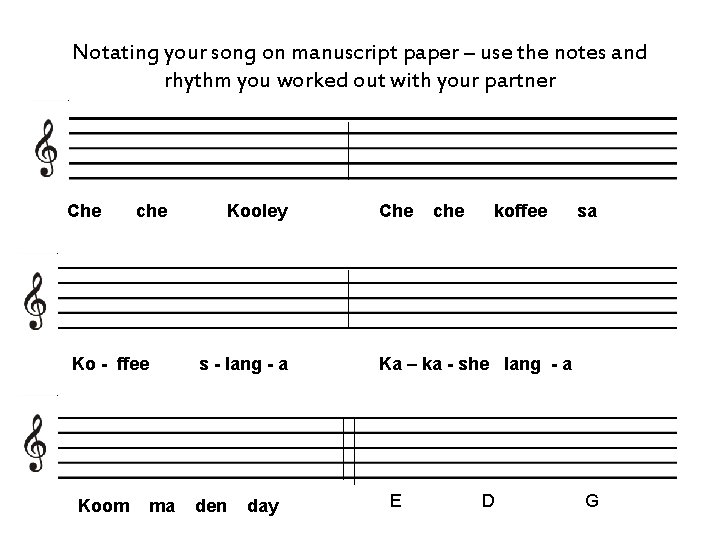 Notating your song on manuscript paper – use the notes and rhythm you worked
