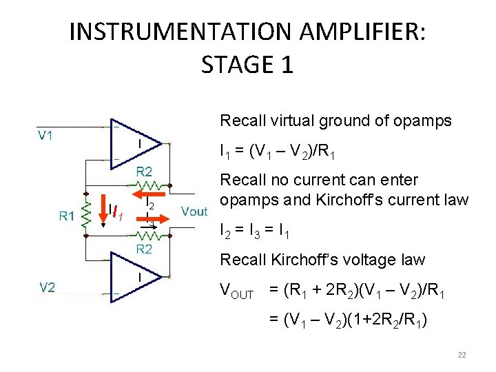 INSTRUMENTATION AMPLIFIER: STAGE 1 Recall virtual ground of opamps I 1 = (V 1