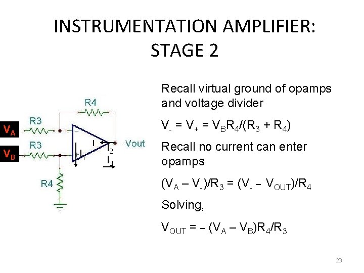 INSTRUMENTATION AMPLIFIER: STAGE 2 Recall virtual ground of opamps and voltage divider V- =
