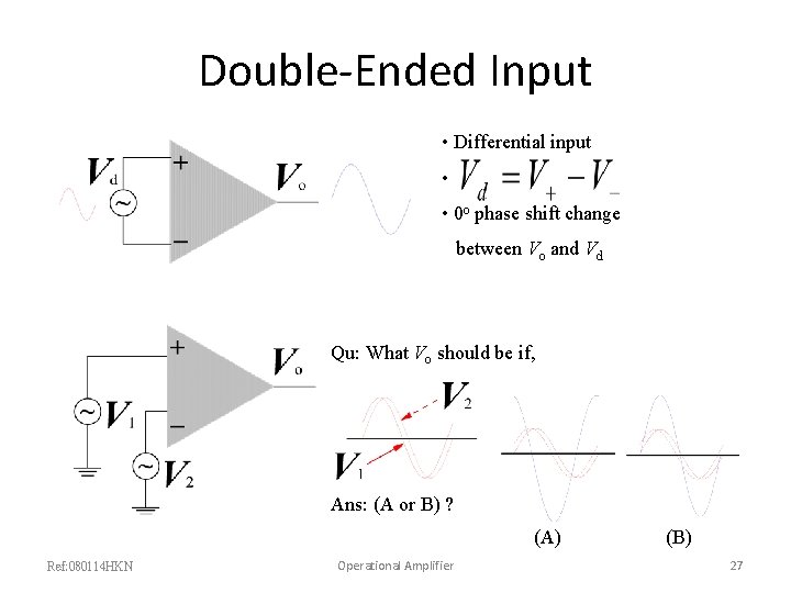 Double-Ended Input • Differential input • • 0 o phase shift change between Vo