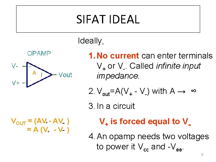 SIFAT IDEAL Ideally, 1. No current can enter terminals V+ or V-. Called infinite