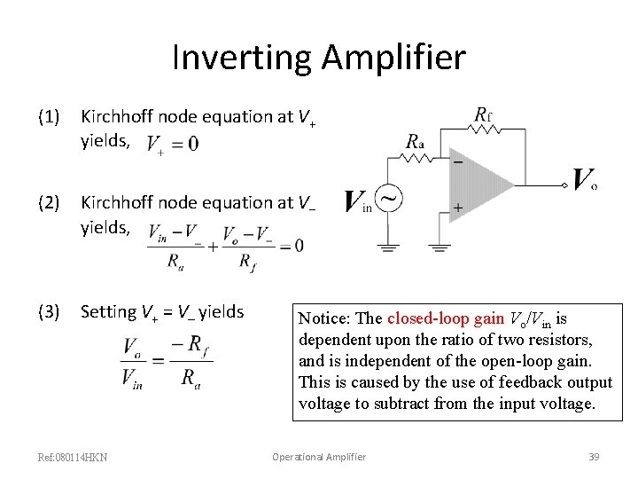 Inverting Amplifier (1) Kirchhoff node equation at V+ yields, (2) Kirchhoff node equation at