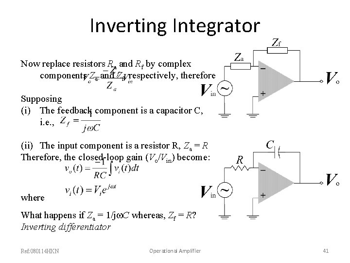 Inverting Integrator Now replace resistors Ra and Rf by complex components Za and Zf,
