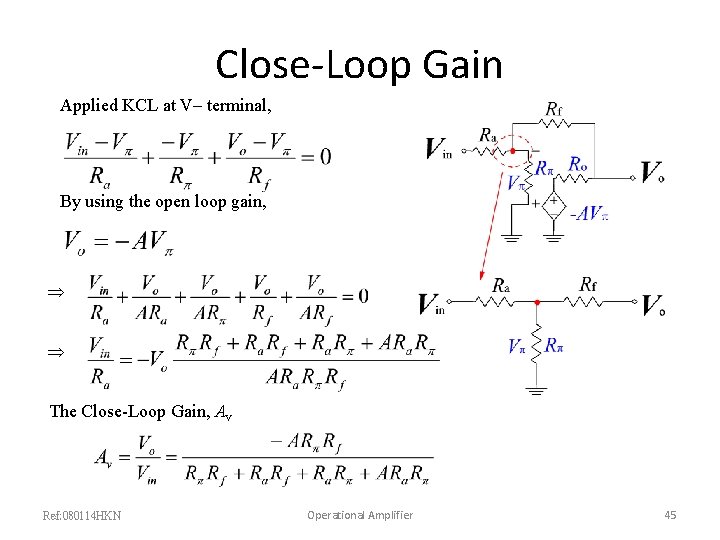Close-Loop Gain Applied KCL at V– terminal, By using the open loop gain, The