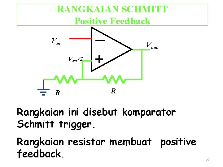 RANGKAIAN SCHMITT Positive Feedback Vin Vout /2 R R Rangkaian ini disebut komparator Schmitt