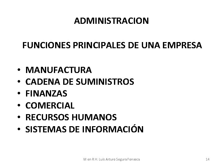 ADMINISTRACION FUNCIONES PRINCIPALES DE UNA EMPRESA • • • MANUFACTURA CADENA DE SUMINISTROS FINANZAS