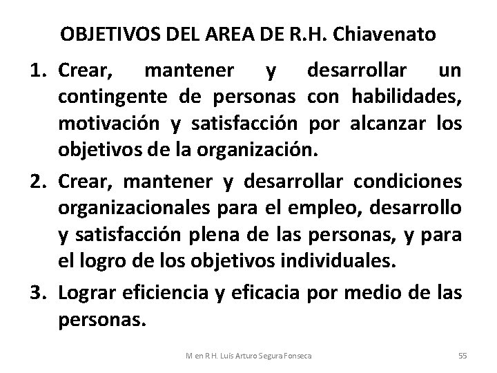 OBJETIVOS DEL AREA DE R. H. Chiavenato 1. Crear, mantener y desarrollar un contingente