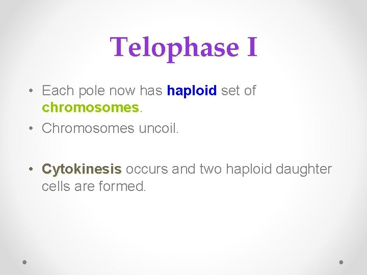Telophase I • Each pole now has haploid set of haploid chromosomes • Chromosomes Telophase I • Each pole now has haploid set of haploid chromosomes • Chromosomes