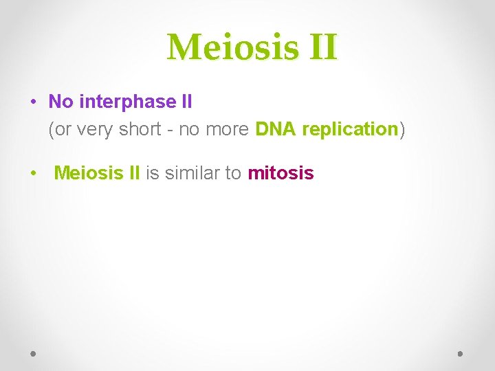Meiosis II • No interphase II (or very short - no more DNA replication) Meiosis II • No interphase II (or very short - no more DNA replication)