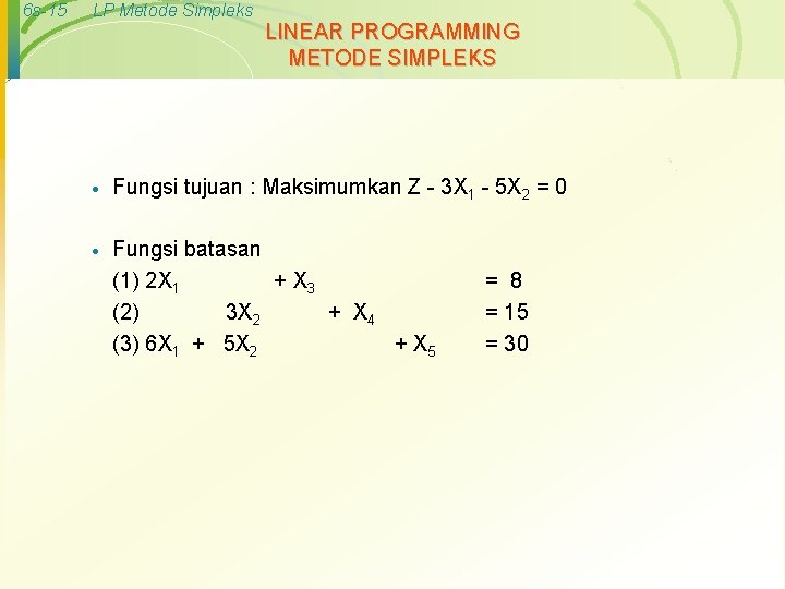 6 s-15 LP Metode Simpleks LINEAR PROGRAMMING METODE SIMPLEKS · Fungsi tujuan : Maksimumkan