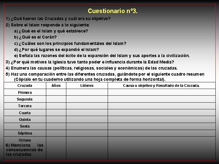 Cuestionario nº 3. 1) ¿Qué fueron las Cruzadas y cuál era su objetivo? 2)