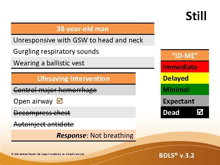 38 -year-old man Unresponsive with GSW to head and neck Gurgling respiratory sounds Wearing