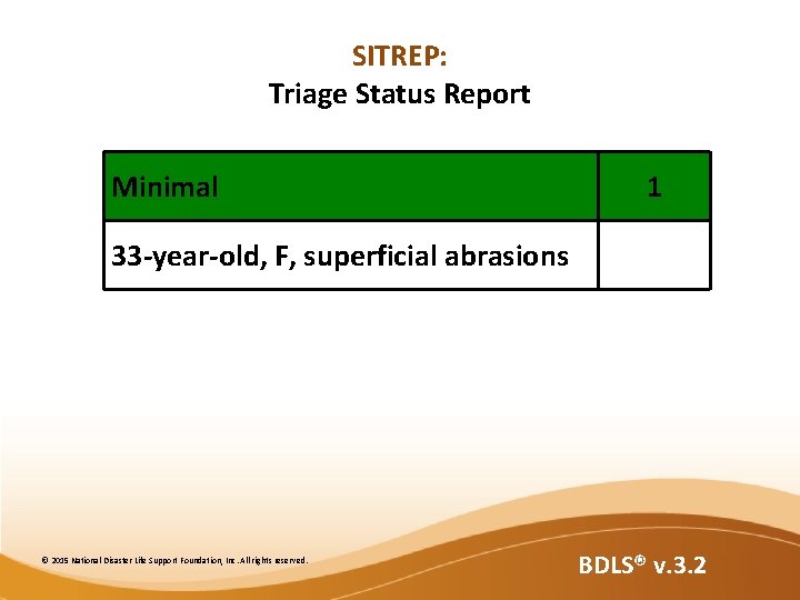 SITREP: Triage Status Report Minimal 1 33 -year-old, F, superficial abrasions © 2015 National