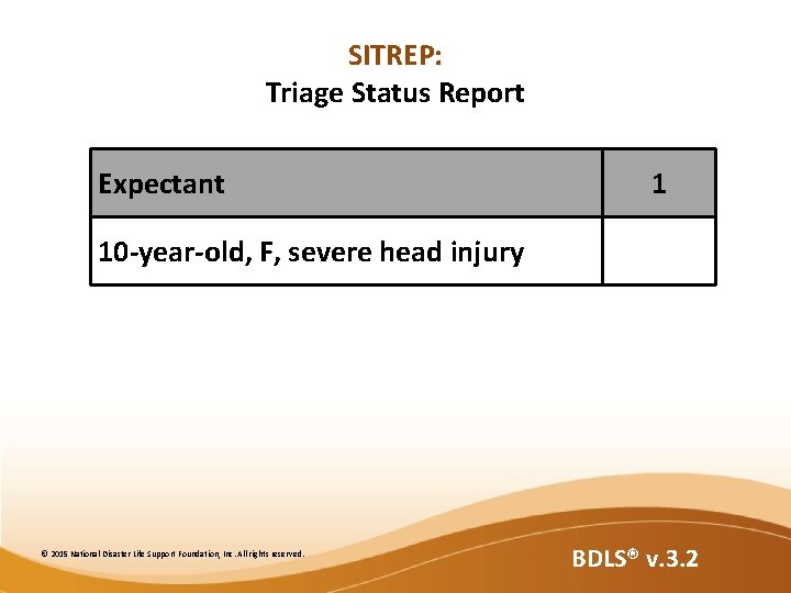 SITREP: Triage Status Report Expectant 1 10 -year-old, F, severe head injury © 2015