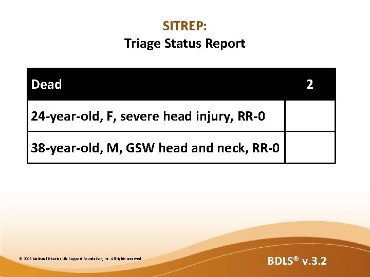 SITREP: Triage Status Report Dead 2 24 -year-old, F, severe head injury, RR-0 38