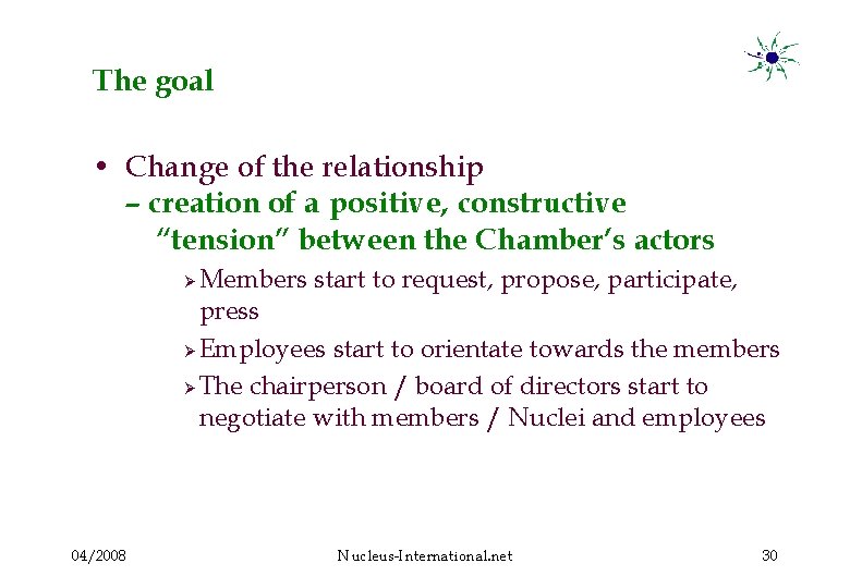 The goal • Change of the relationship – creation of a positive, constructive “tension”
