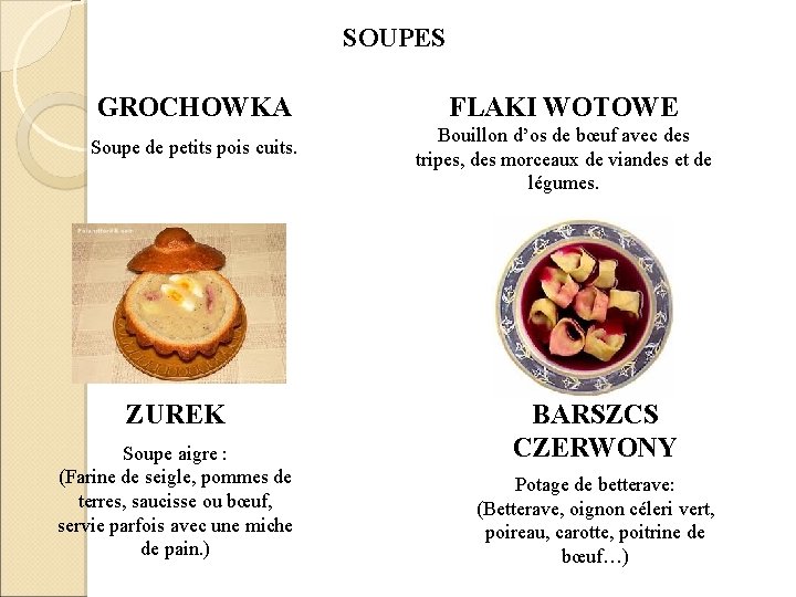 SOUPES GROCHOWKA Soupe de petits pois cuits. ZUREK Soupe aigre : (Farine de seigle, SOUPES GROCHOWKA Soupe de petits pois cuits. ZUREK Soupe aigre : (Farine de seigle,