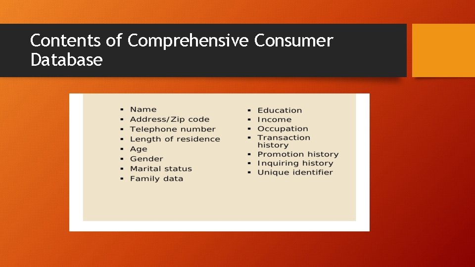 Contents of Comprehensive Consumer Database 