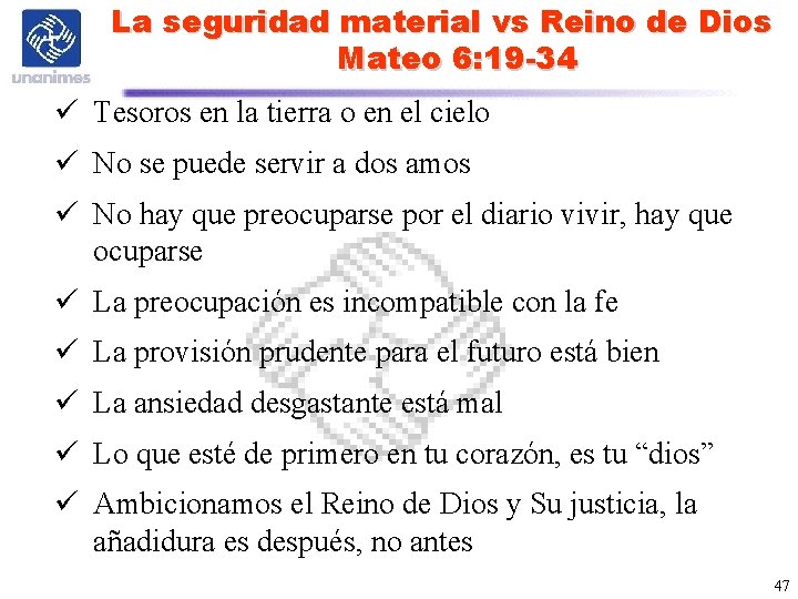 La seguridad material vs Reino de Dios Mateo 6: 19 -34 ü Tesoros en La seguridad material vs Reino de Dios Mateo 6: 19 -34 ü Tesoros en