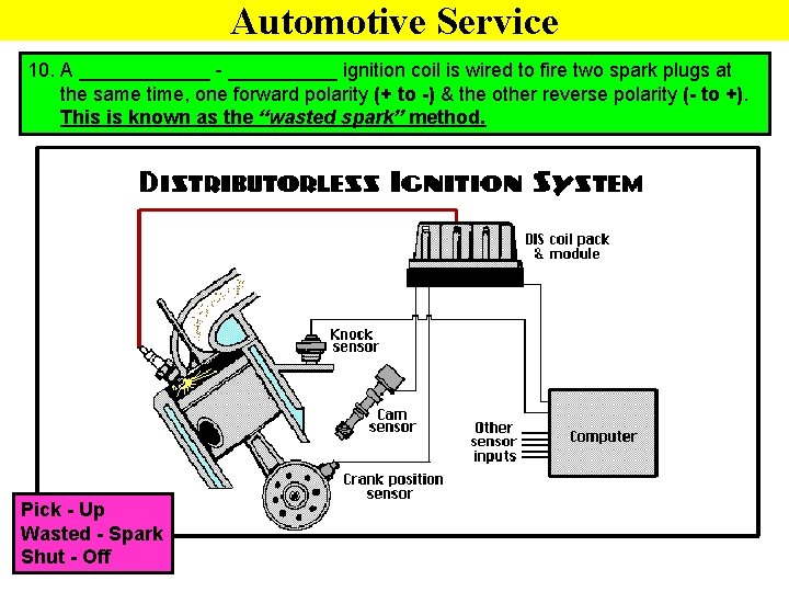 Automotive Service 10. A ______ - _____ ignition coil is wired to fire two