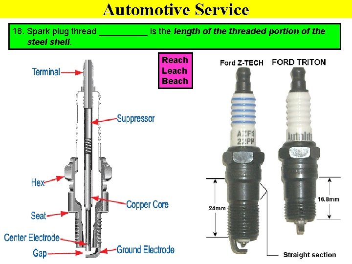 Automotive Service 18. Spark plug thread _____ is the length of the threaded portion