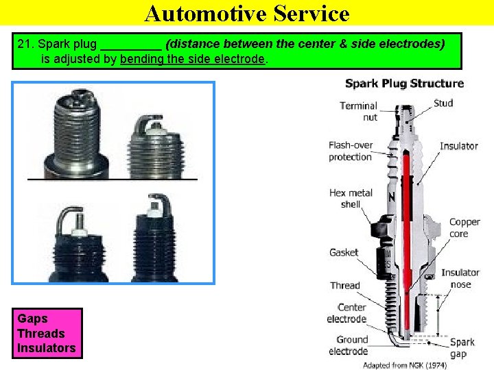 Automotive Service 21. Spark plug _____ (distance between the center & side electrodes) is