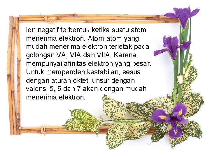 Ion negatif terbentuk ketika suatu atom menerima elektron. Atom-atom yang mudah menerima elektron terletak