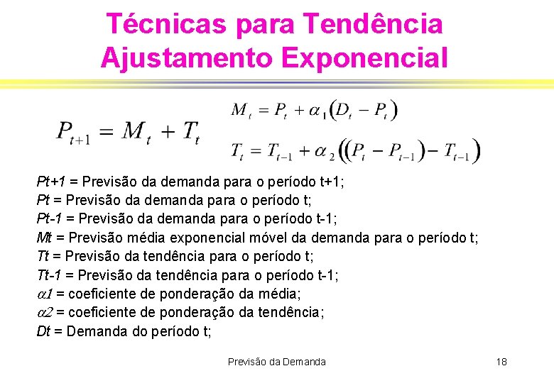 Técnicas para Tendência Ajustamento Exponencial Pt+1 = Previsão da demanda para o período t+1;