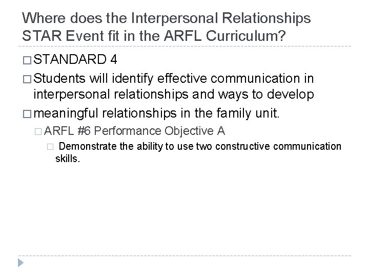 Where does the Interpersonal Relationships STAR Event fit in the ARFL Curriculum? � STANDARD