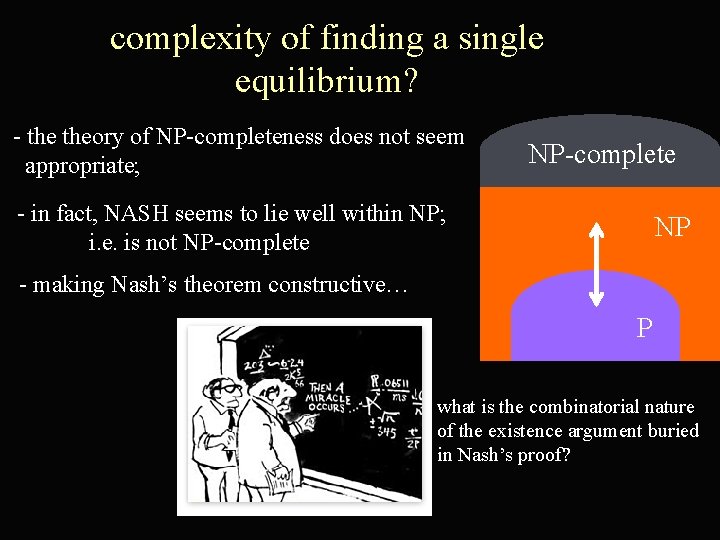 complexity of finding a single equilibrium? - theory of NP-completeness does not seem appropriate;