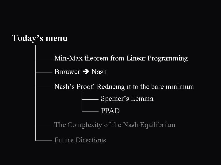 Today’s menu Min-Max theorem from Linear Programming Brouwer Nash’s Proof: Reducing it to the
