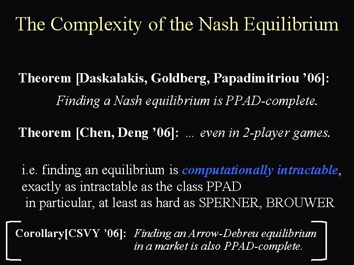 The Complexity of the Nash Equilibrium Theorem [Daskalakis, Goldberg, Papadimitriou ’ 06]: Finding a