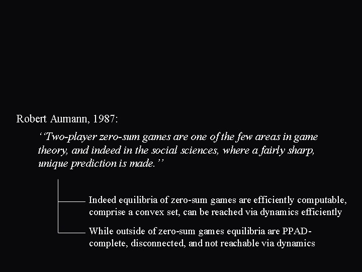 Robert Aumann, 1987: ‘‘Two-player zero-sum games are one of the few areas in game