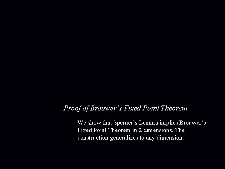 Proof of Brouwer’s Fixed Point Theorem We show that Sperner’s Lemma implies Brouwer’s Fixed