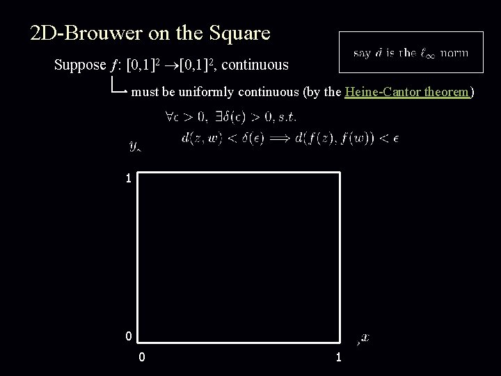 2 D-Brouwer on the Square Suppose : [0, 1]2, continuous must be uniformly continuous