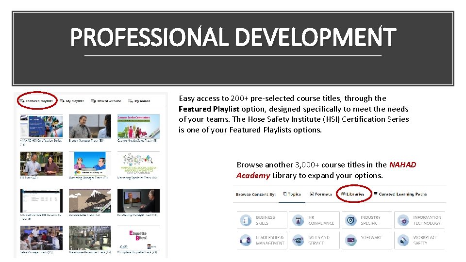 PROFESSIONAL DEVELOPMENT Easy access to 200+ pre-selected course titles, through the Featured Playlist option,
