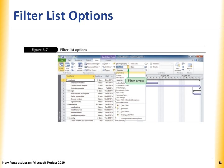 Filter List Options New Perspectives on Microsoft Project 2010 XP 11 